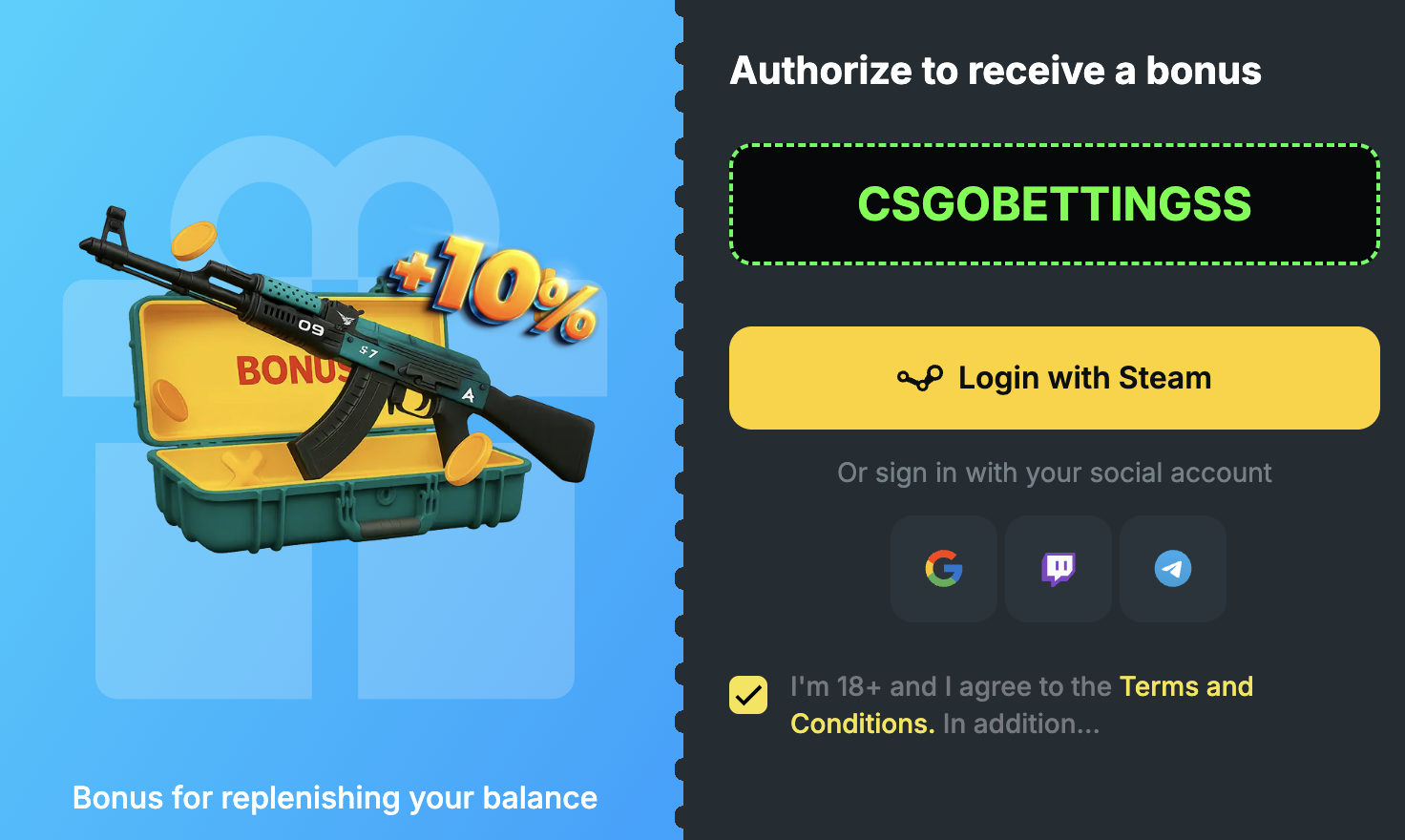 CSGOFast bonus activation screen showing promo code CSGOBETTINGSS with +10% deposit bonus